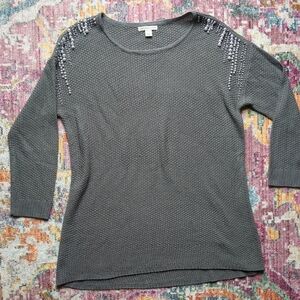 Cato Womens Gray Knit Pullover Sweater Med. Beaded Shoulder Detail, 3/4 Sleeve